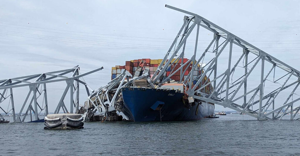 Collapse of Francis Scott Key Bridge in Maryland. The bridge failure in 2024 resulted from a ship crashing into the bridge and causing infrastructural failure.