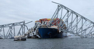 Collapse of Francis Scott Key Bridge in Maryland. The bridge failure in 2024 resulted from a ship crashing into the bridge and causing infrastructural failure.