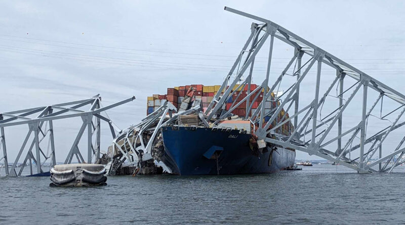 Collapse of Francis Scott Key Bridge in Maryland. The bridge failure in 2024 resulted from a ship crashing into the bridge and causing infrastructural failure.