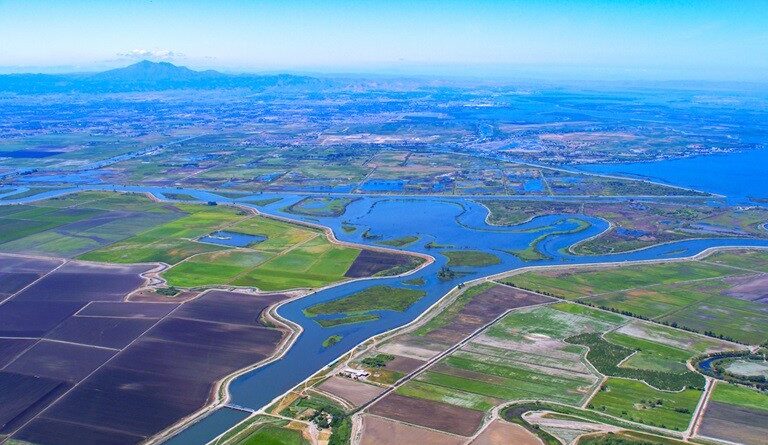 Aerial view of Sacramento-San Joaquin Delta, the subject of the State Water Project's proposed Delta Conveyance Project to increase California water supply.